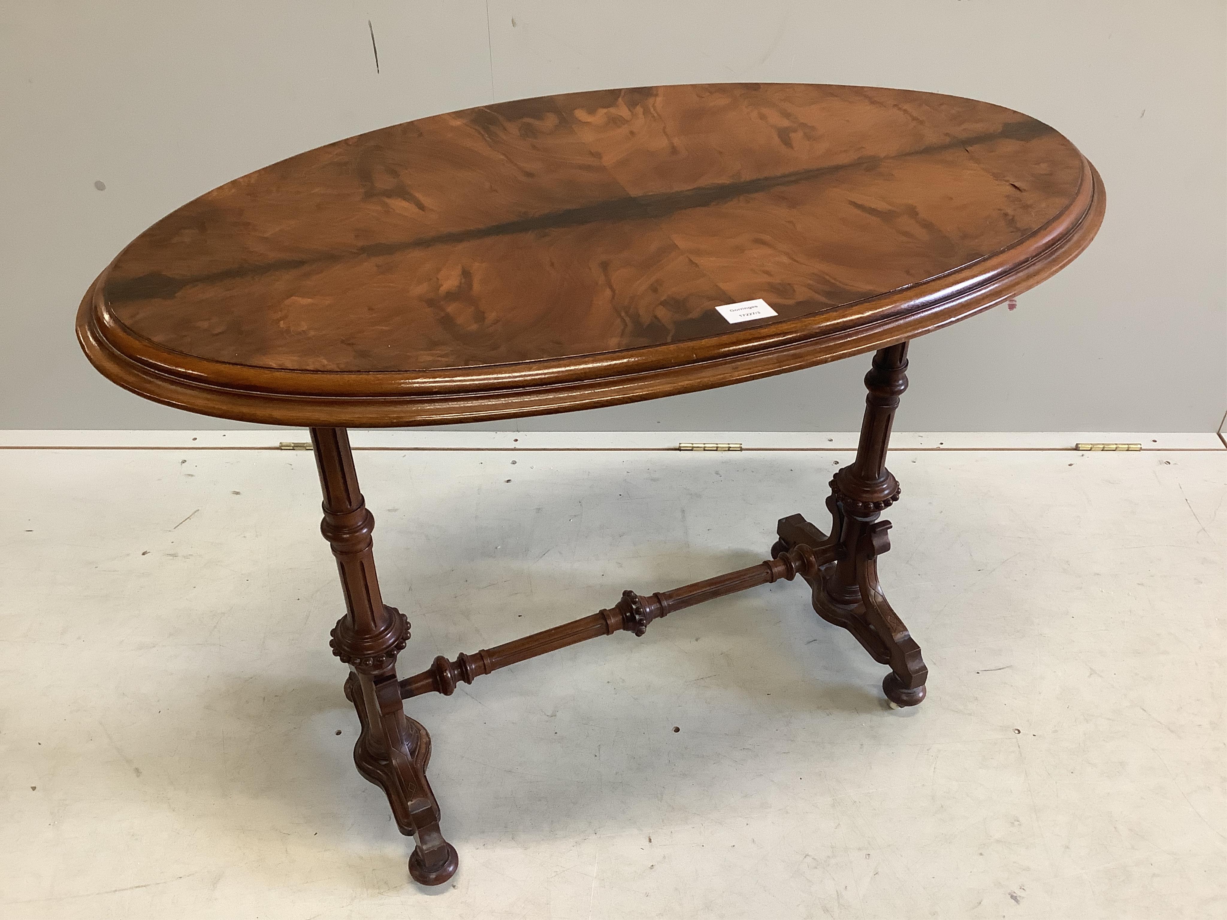 A Victorian oval walnut centre table, width 98cm, depth 55cm, height 71cm. Condition - fair